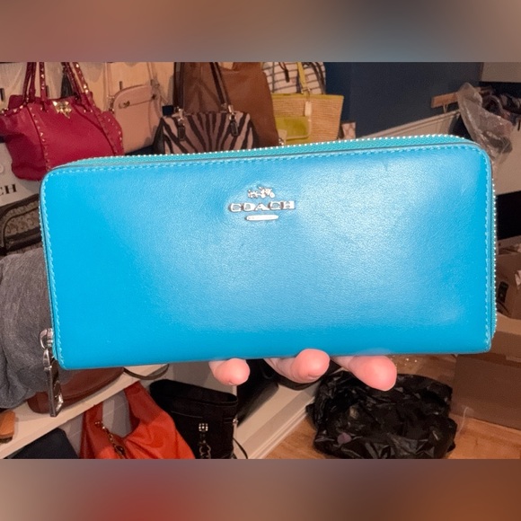 Coach Handbags - Coach Turquoise Leather Zip Wallet